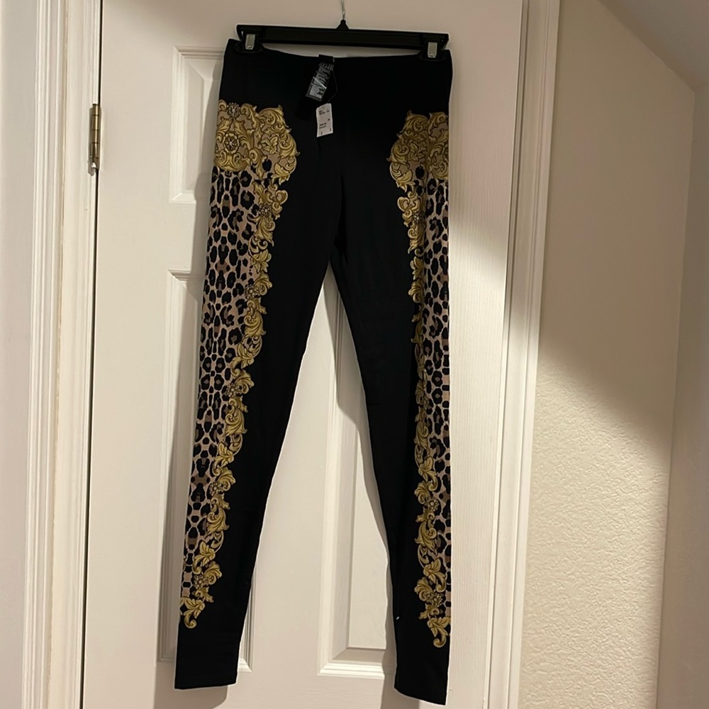 Versace  inspired black leggings with leopard and flowers down the side